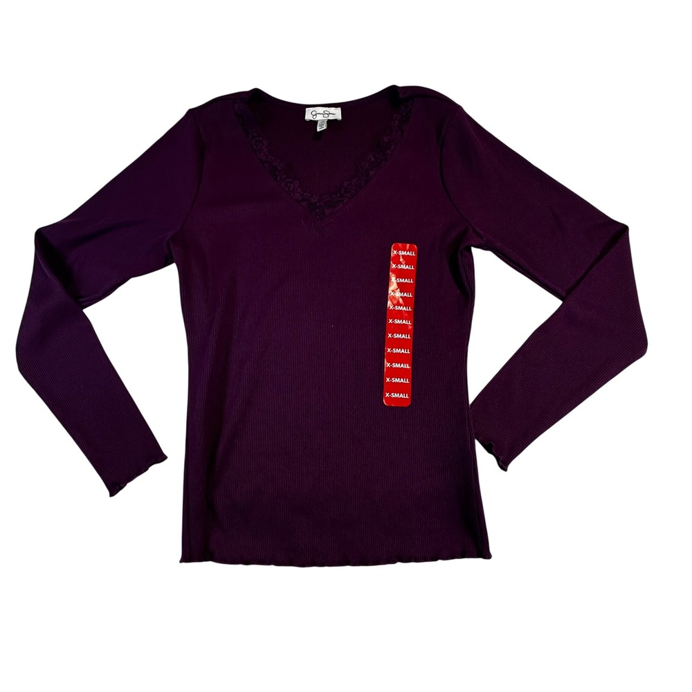 Jessica Simpson Womens XS Purple Ribbed Lace V-Neck Long‎ Sleeve Top NEW bodycon